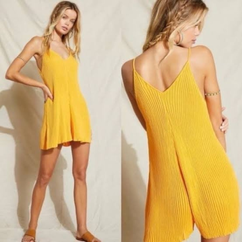 Free People Beach Nola Yellow Ribbed Knit V-Neck Sweater Romper Large